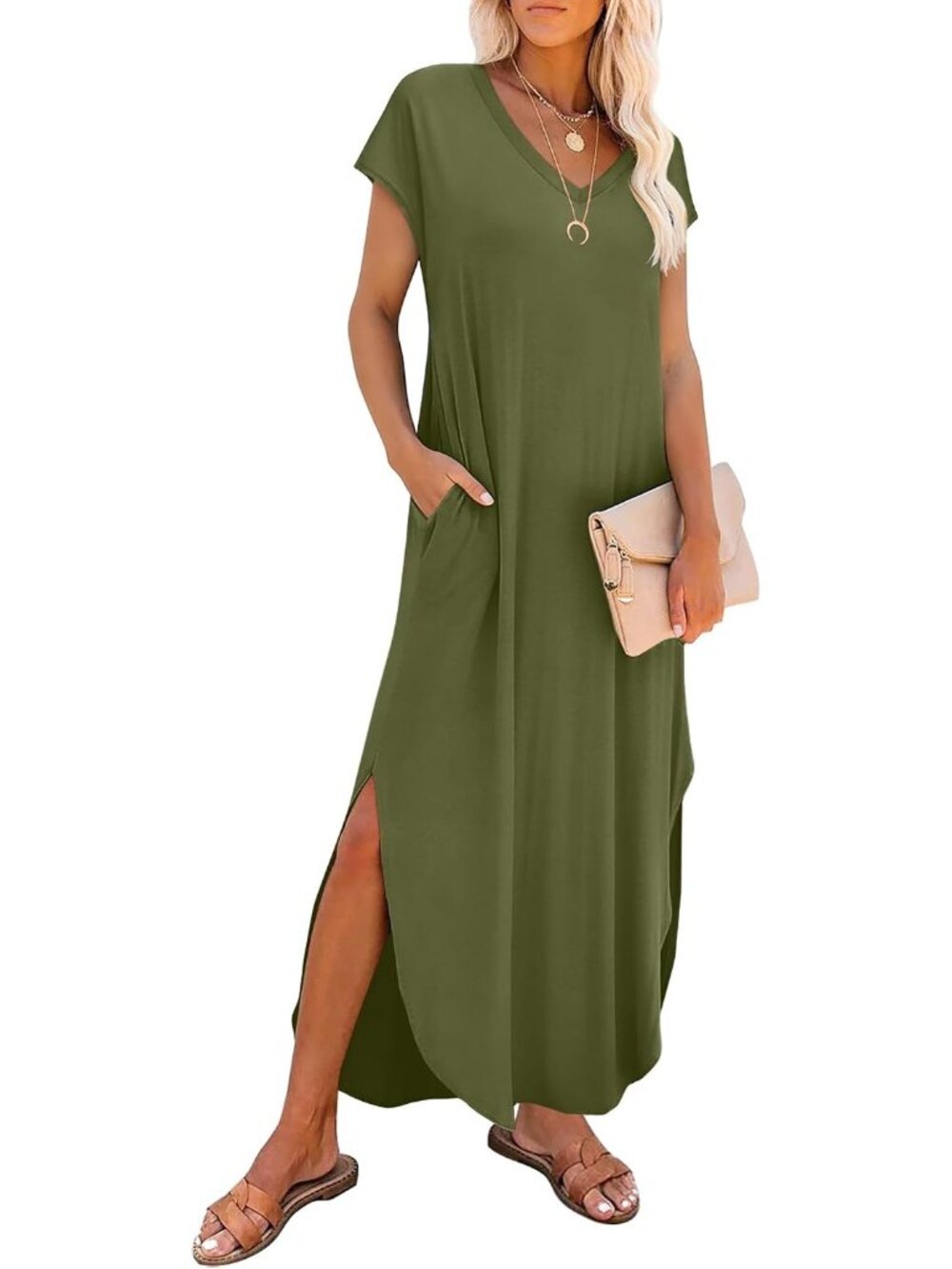 Women's Army Green Pull Over V-Neck Cap Sleeve Casual Long Maxi Sundress